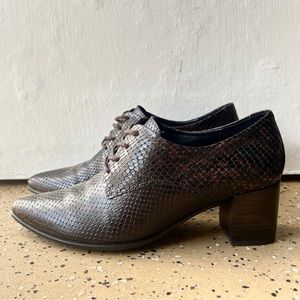 ECCO brown snakeskin finish leather point toe block heel booties shoes